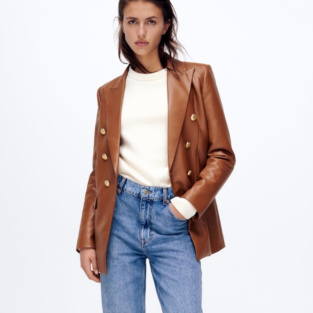 Zara Faux Leather Blazer With Gold Buttons